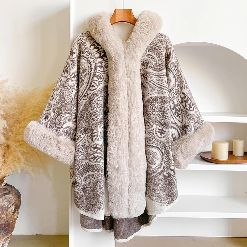 Winter New Thicken Mink Wool Full Trims Faux Fur Cape - Women's Hooded Loose Fleece Cloak Coat for Party Dress Wraps Warm