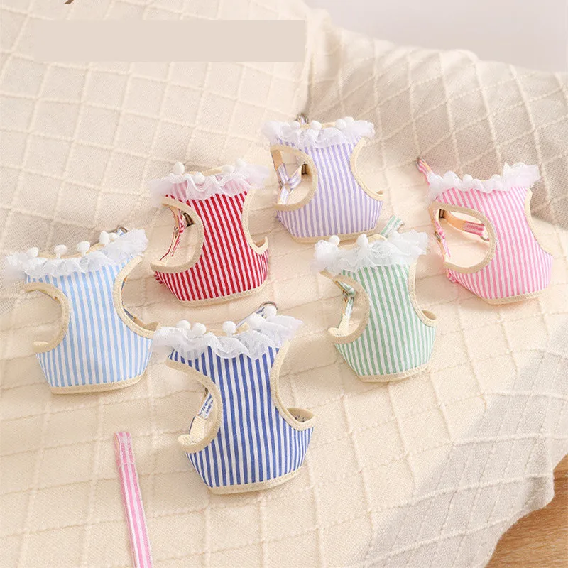 

New Dog Cat Harness Leash Set Adjustable Lace Striped Pet Harness Vest Cute Dog Dress Puppy Mesh Harness Cat Walking Lead