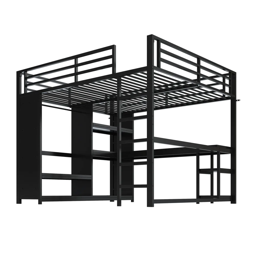 Schwarzes Metall-Gaming-Hochbett mit LED-Beleuchtung 140x200/160x200cm Multifunktionales Kinder-Etagenbett mit Schreibtisch Offener Kleiderschrank Aufbewahrungsboxen – Detail 34