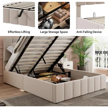 Merax Upholstered Platform Bed with Hydraulic Storage System, Wooden Slat Support and Under Bed Storage, Space-Saving Design, No 5