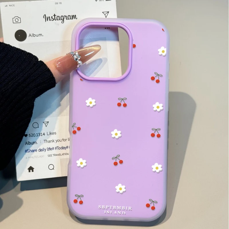Flower Cherry Pattern Soft Matte Candy Color Phone Case