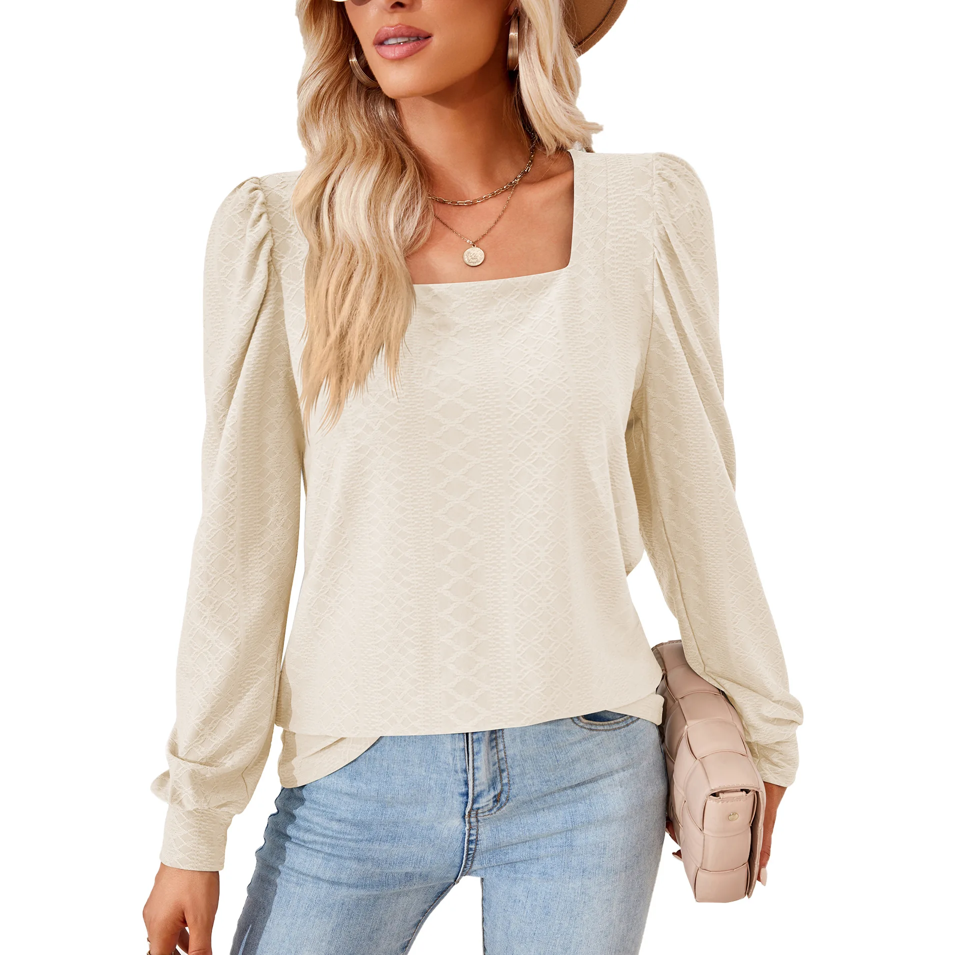 

Women Long Sleeve Square Neck Solid Pleated Loose T-shirt Tops