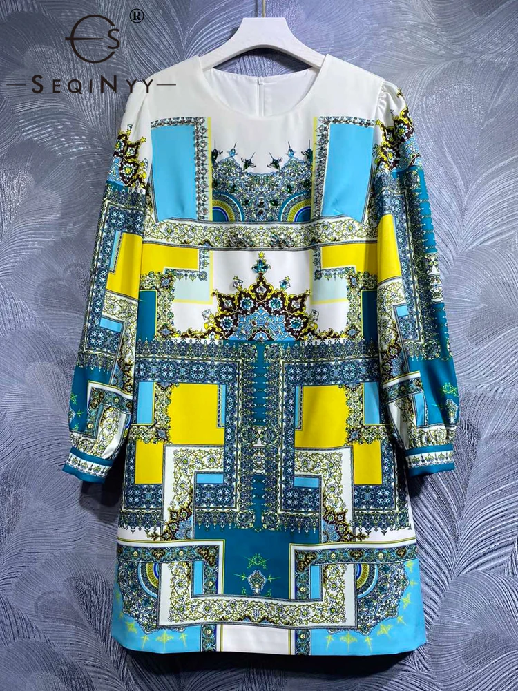

SEQINYY Blue Mini Dress Summer Spring New Fashion Design Women Runway High Street Beading Vintage Flower Print Casual Elegant