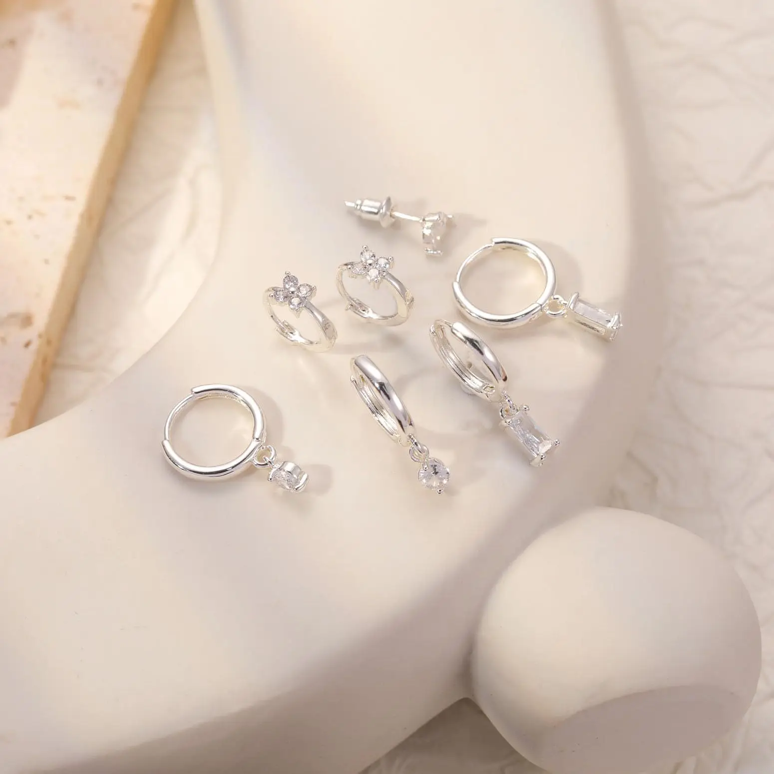 Loutade Set 6 Paia Orecchini In Argento 925 – Cerchi 10/12/14mm E Quadrati Con Zirconi – Ipoallergenici, Per Piercing Multipli – Color Argento/Oro Rosa/Oro