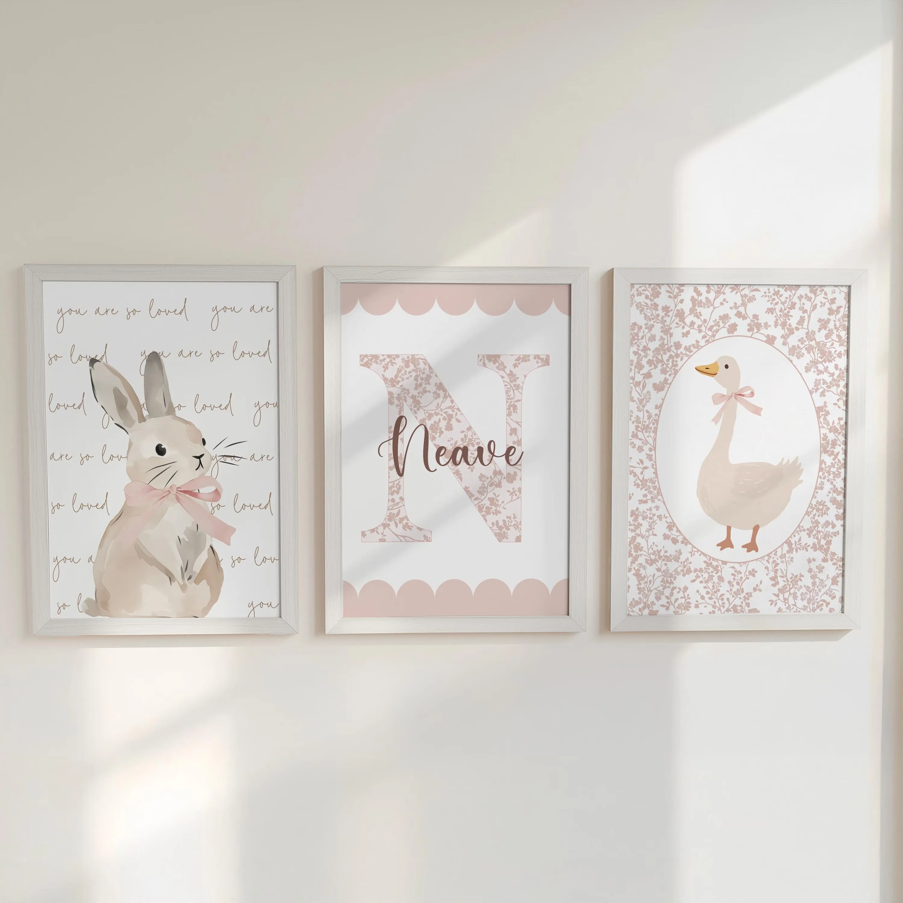 3pcs/set Custom Cartoon Rabbit Goose Name Canvas Print Easter Pink Flower Nursery Wall Art Poster for Baby Girl Room Home Decor 4