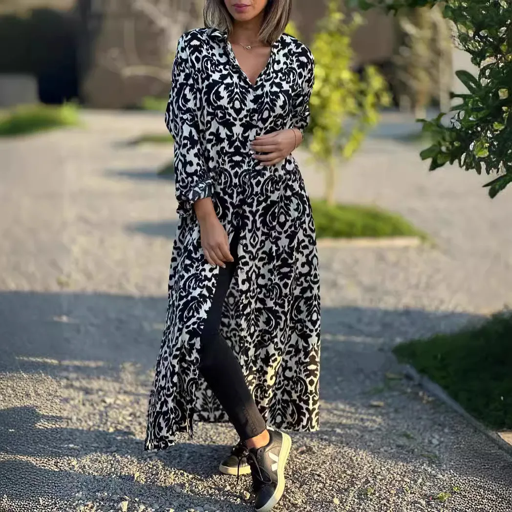 Women Elegant Shirt Dress 2024 Spring Summer Long Sleeve Print