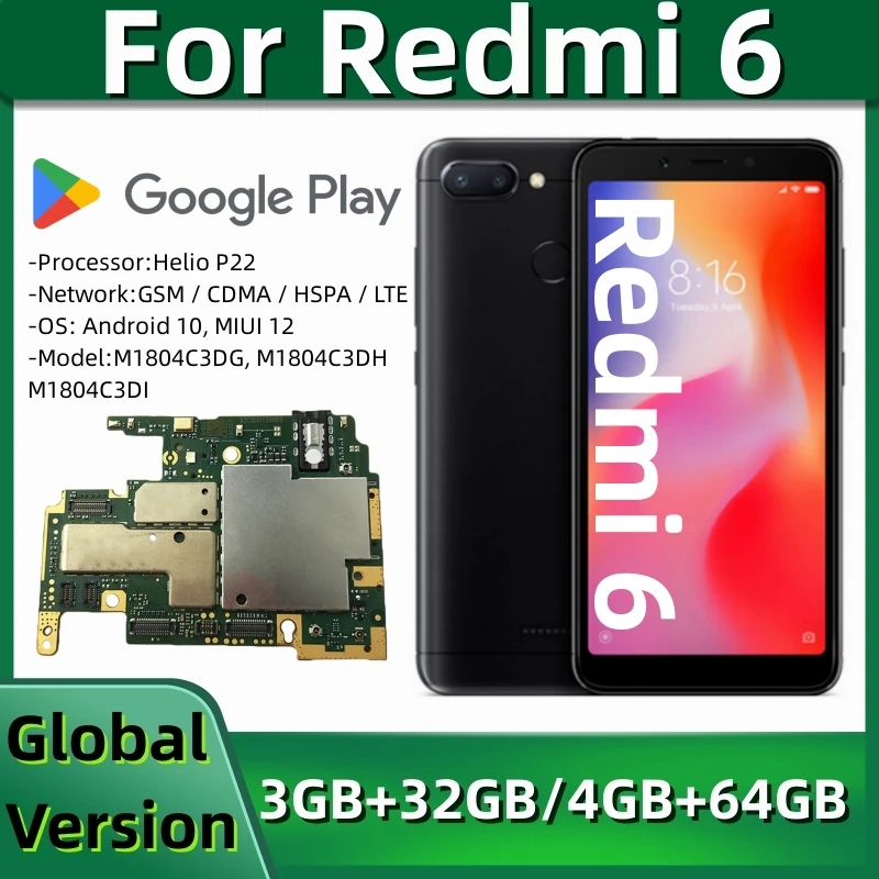 

Motherboard for Redmi 6, Global Version Mainboard, Unlocked Main Circuits Board, 32GB, 64GB ROM