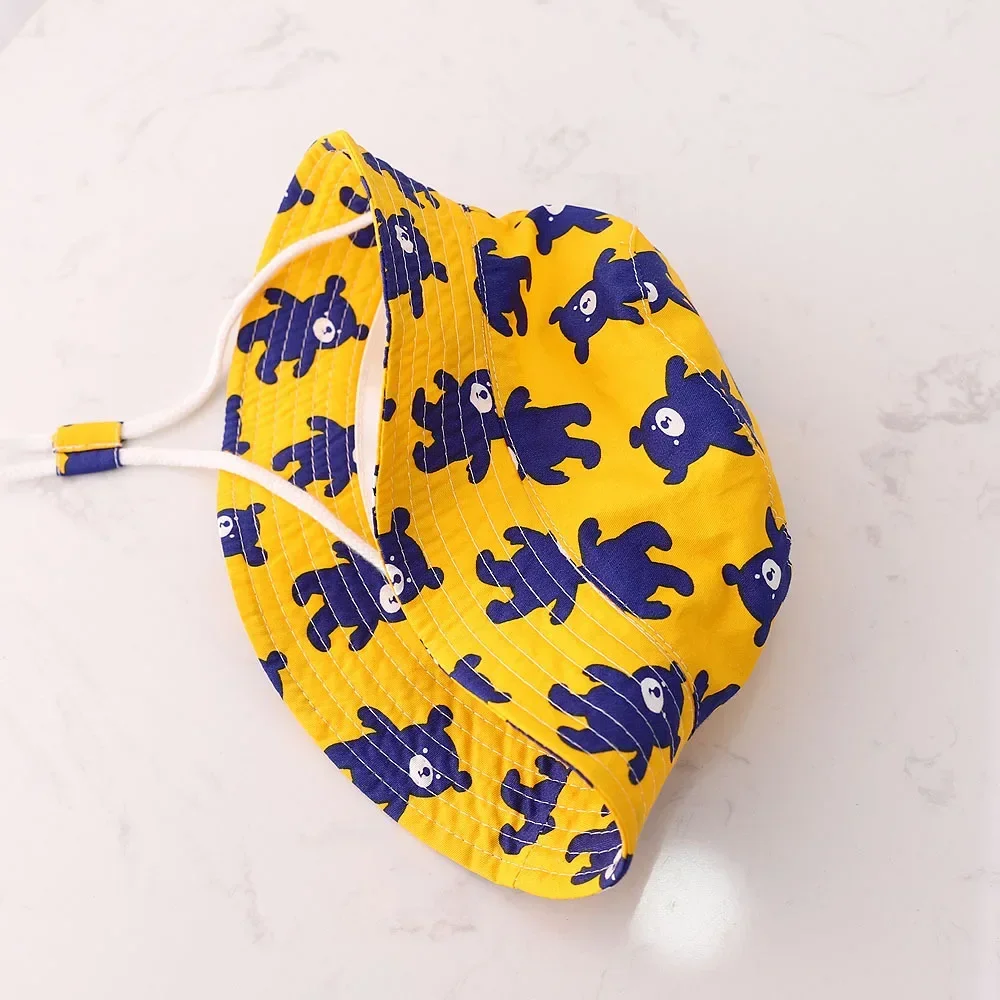 Spring Summer Cute Cartoon Thin Breathable Kids Bucket Hats Unisex Baby Sun Hats with Windproof Rope for Children Outdoor Caps