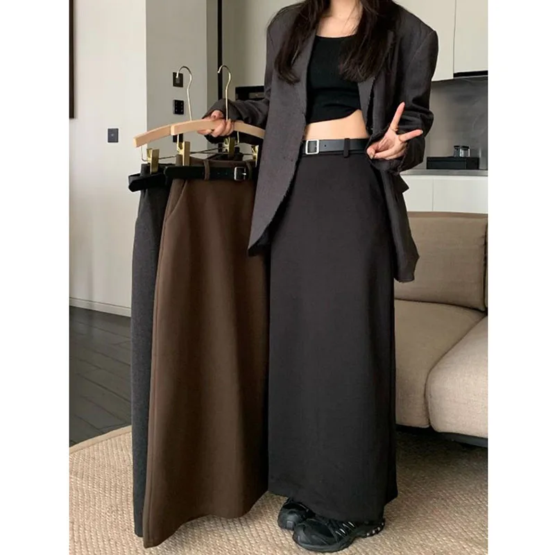 High Quality Woolen Maxi Skirts Female Elegant Chic High Waist Loose A-Line Skirts Women Vintage Streetwear Split Long Skirt 1