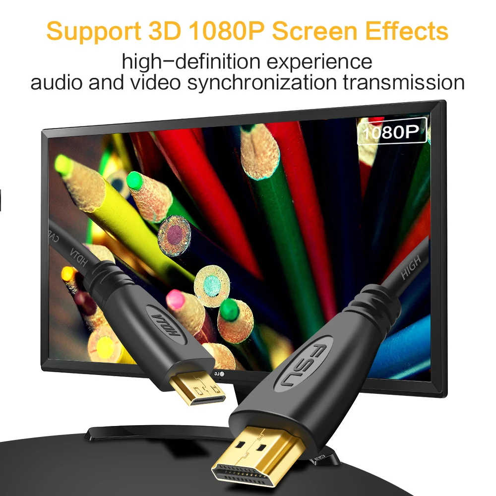 Câble Mini HD vers HDMI 1080P mâle vers mâle, pour tablette HDTV GoPro Sony M3 A7 R2, projecteur compatible HDMI 1m 2m 3m