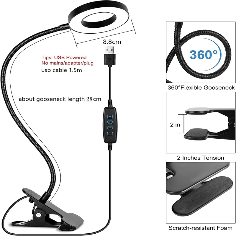 Adjustable Clip-On Desk Lamp with 10 Brightness Levels and 3 Light Modes