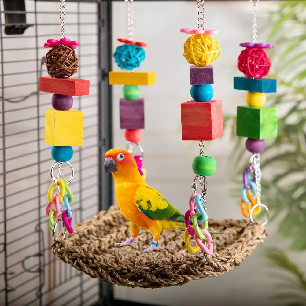 1Pc Bird Hammock Durable Wooden Grinding Mouth Chewing Toy Multi-functional Colorful Parrot Swing Climbing Toy Pet Supplies