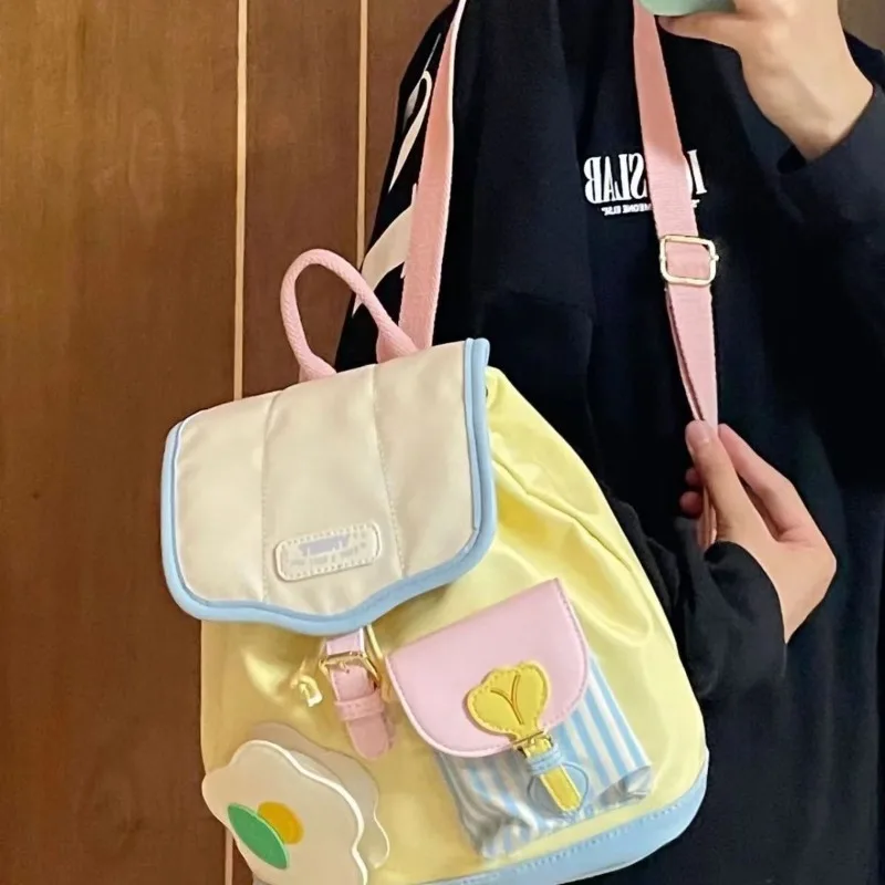 Mini backpack color matching women fashion leisure light compact unique and largecapacity invisible zipper drawstring flip cover