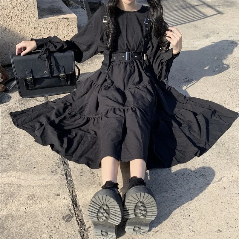 

Gothic Style Dress Women Harajuku Gothic Lolita Goth Kawaii Dress Punk Cute Long Sleeve Black Midi Dress 2022 Emo Oversize