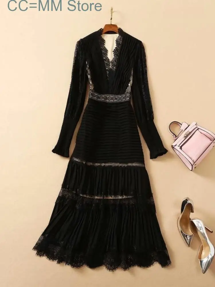 

New Elegant Socialite Runway Party Dress Women Sexy V-Neck Long Lantern Sleeve Lace Stitching Chiffon Pleated Vestidos Female