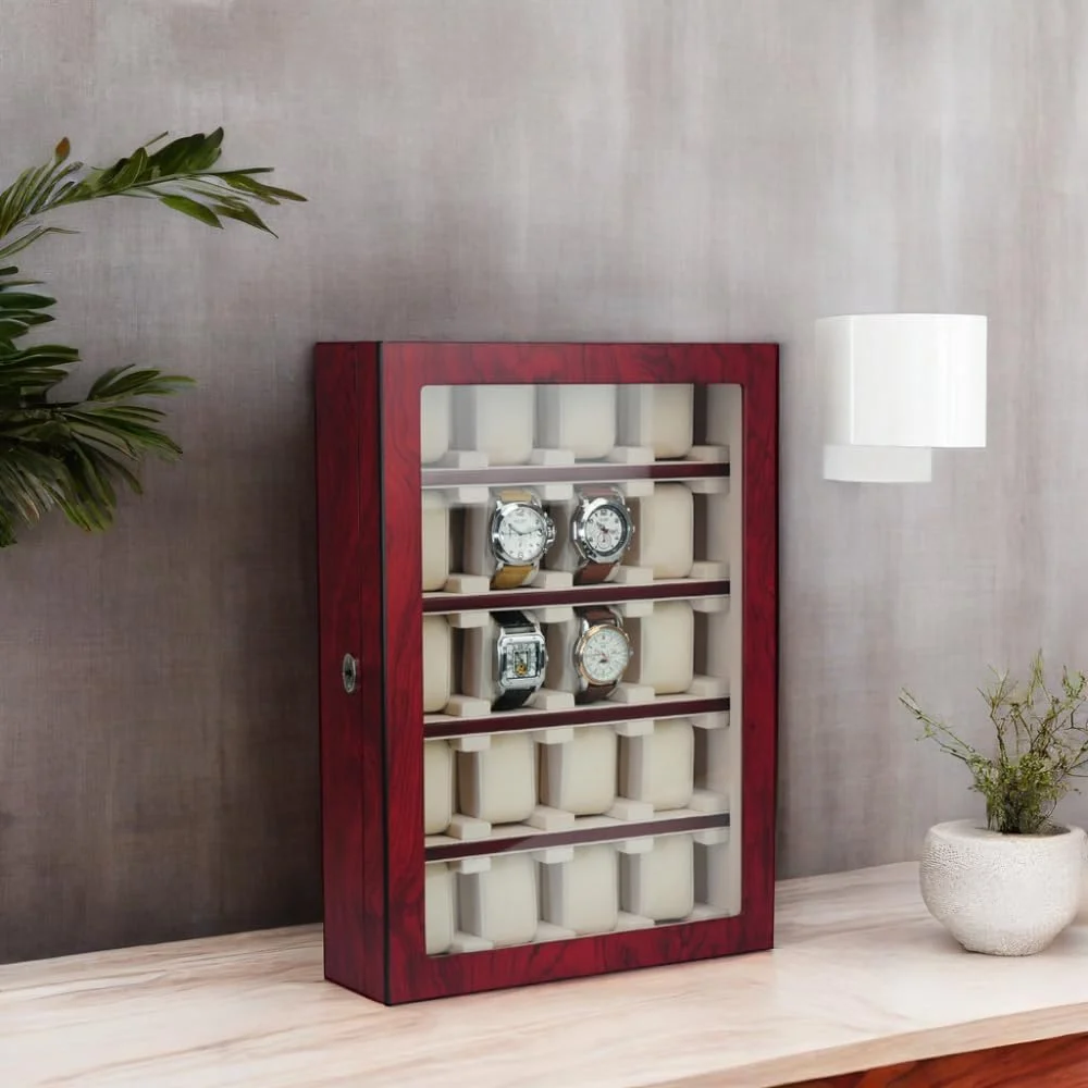 20 Piece Cherry Wood Watch Display Wall Hanging Case and Storage Organizer Box and Stand for Oversized Watches