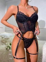 Women's Floral Lace Garter Lingerie Set with Choker - Image 5