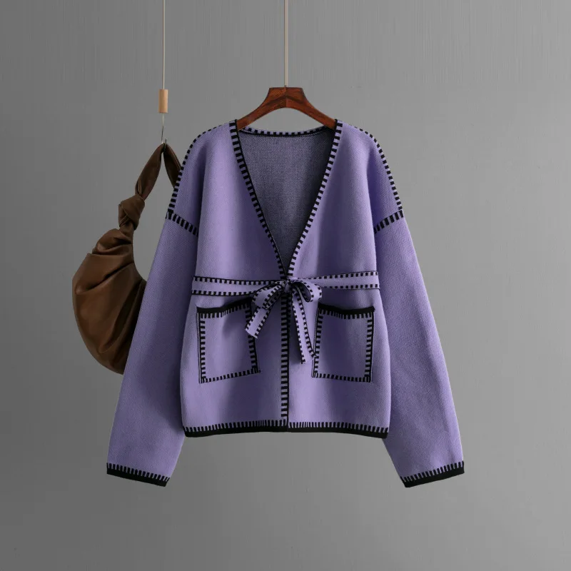 Knit Contrast Cardigan Sweater For Women Lace-Up Pocket Long Sleeve Patchwork Loose Coat Autumn Knitwear Women's Outwear