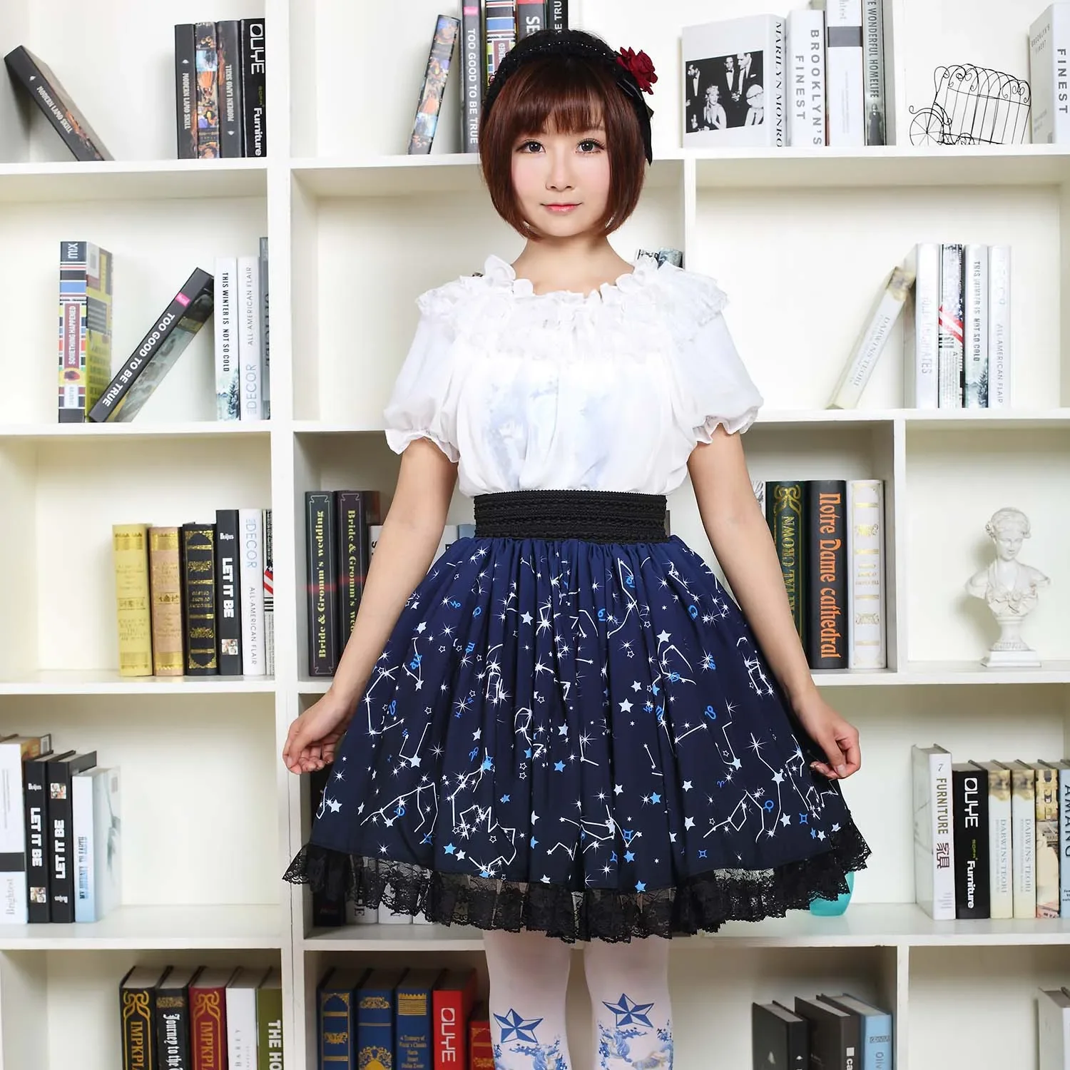 Kawaii Sweet Girl Polyester Constellations Printed Lace Lolita Skirt
