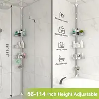 Adjustable Shower Caddy Corner Tension Pole Stainless Steel Organizer Stand Bath Storage Rack with 4 Tier Baskets and Hooks 2