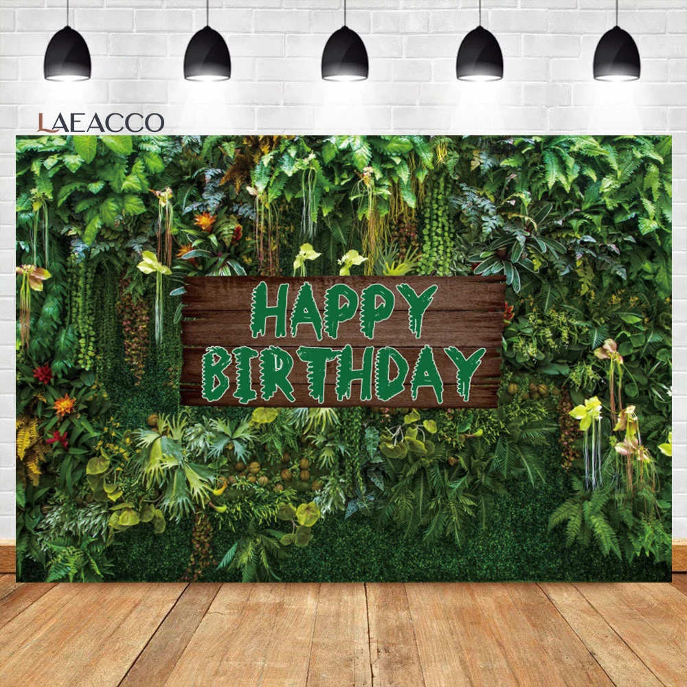 

Laeacco Jungle Green Leaves Backdrop Tropical Safari Plants Wood Board Baby Shower Portrait Customized Photography Background