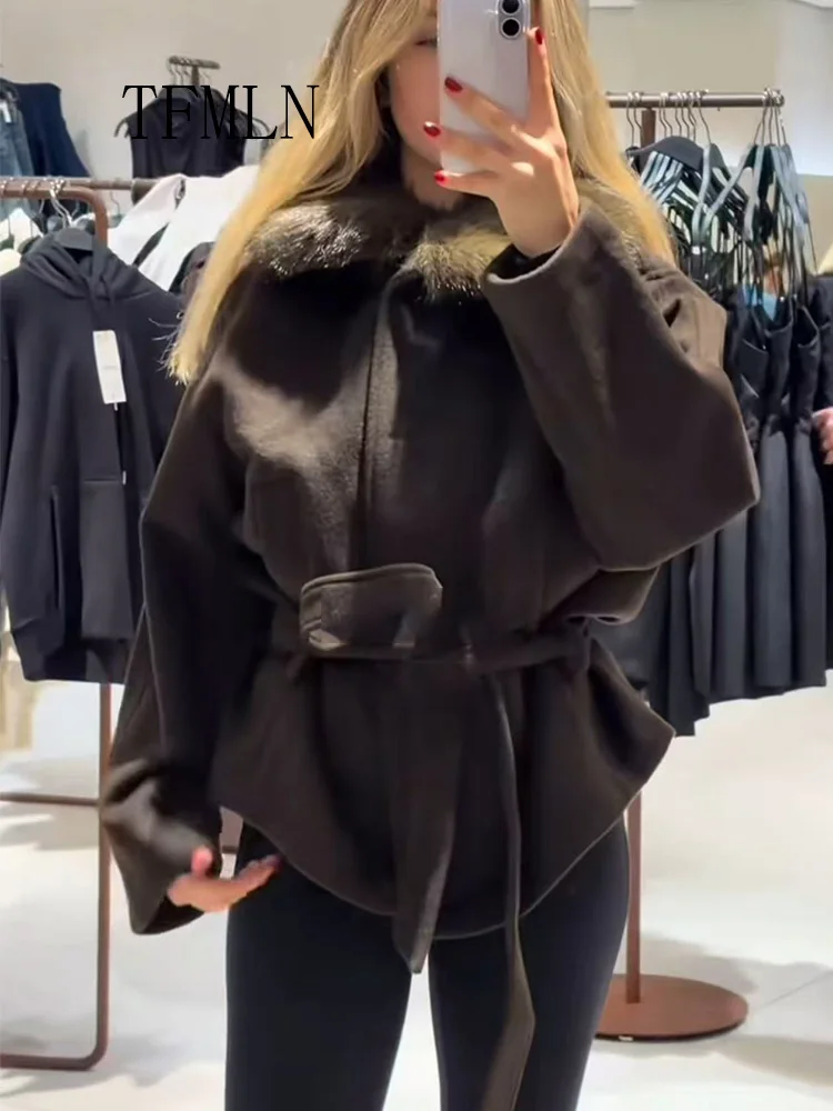 Oversiz Women Causa Cropped Jacket With Belt Chic Faux Fur Collar Long Sleeve Coat Retro High Street Outwear 2025 Autumn Winter