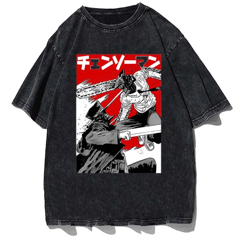 

Chainsaw Man Washed T-shirt Cartoon T Shirt with Print Streetwear Women Tshirt Fashion Hip Hop Aesthetic Clothing Black Tees Top