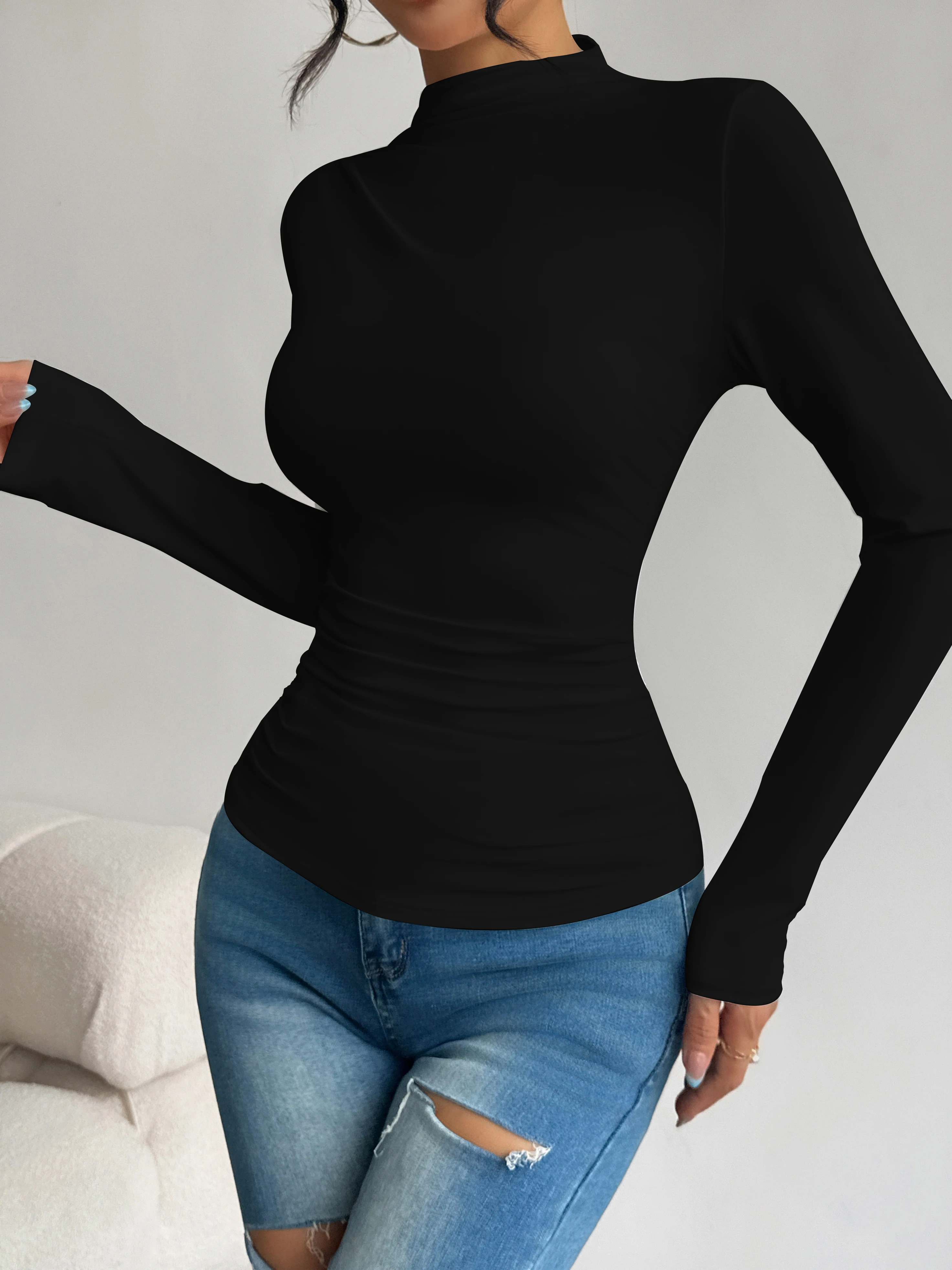 Halbhoher Kragen, plissierte Taille, schlank machendes, langärmliges Basic-Shirt für Damen, vielseitiges Oberteil für Frühling und Herbst.