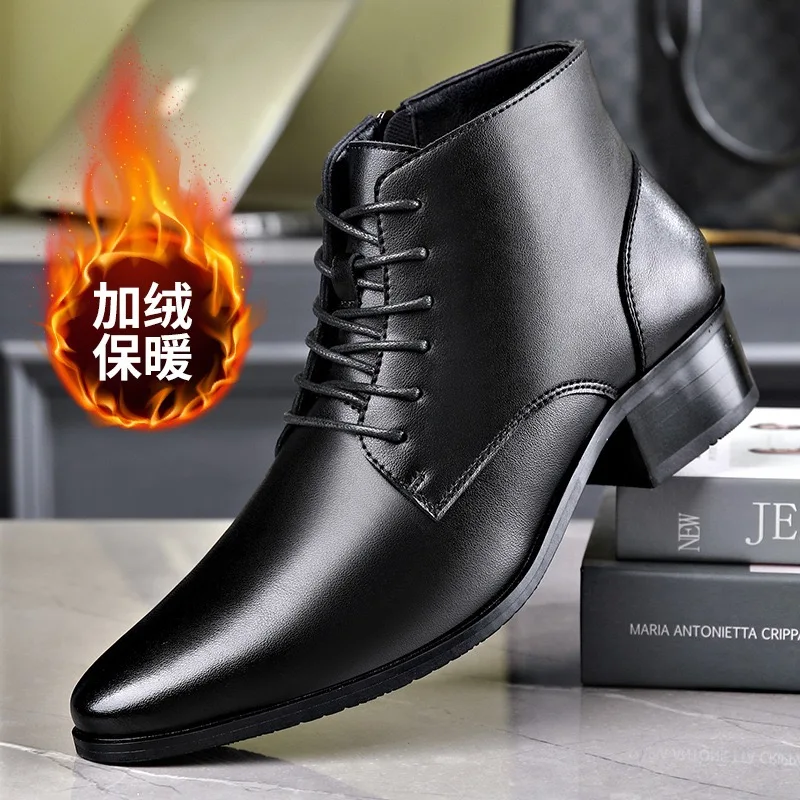 Men's High-top Casual Boot Pointed Tip Business Leather Boots for Men Plush Warm Winter Lace Up Ankle Botas men leather boots business mens boots