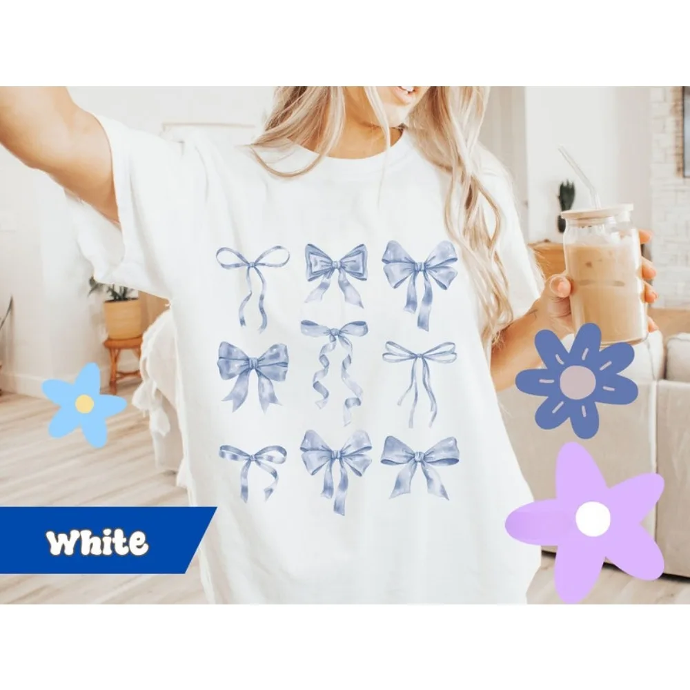 

Футболка с голубым бантом, кавайная одежда, подарок для женщин, банты из синей ленты, кокетка для девочки, уникальная Милая уличная одежда, модная одежда