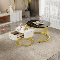 Table basse élégante assemblée, ensemble de 2 pièces, aspect marbre, décor doré, table d'appoint avec tiroirs, meubles de salon 1
