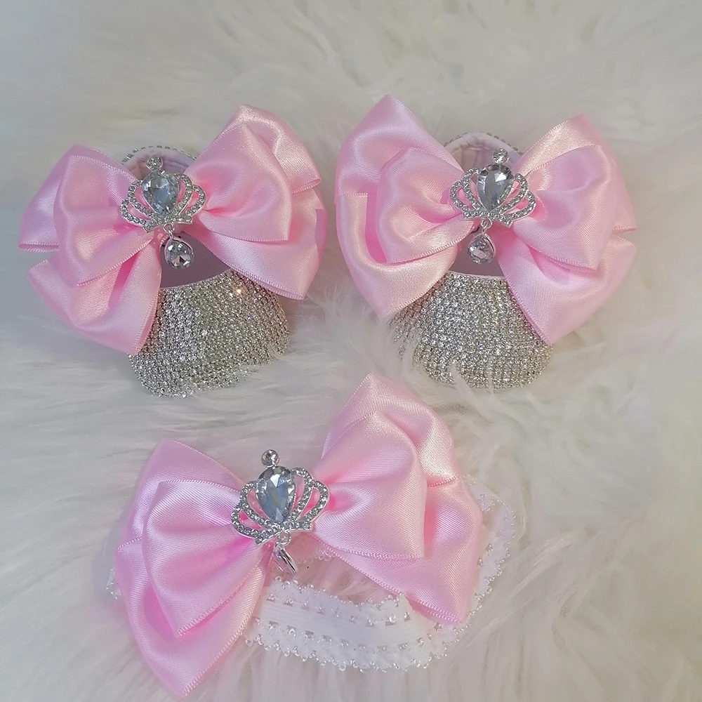 Handmade Bow Rhinestones Baby Girl Kids Shoes Hairband Pacifier Clip Comb First Walker Sparkle Bling Crystals Shower Gift 4