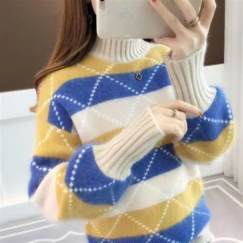 ladies sweater JMPRS Korean Autumn Winter News Loose Color Matching Knitted Sweater Turtleneck Striped Pullover Sweaters Loveley Clothes turtleneck sweater Sweaters
