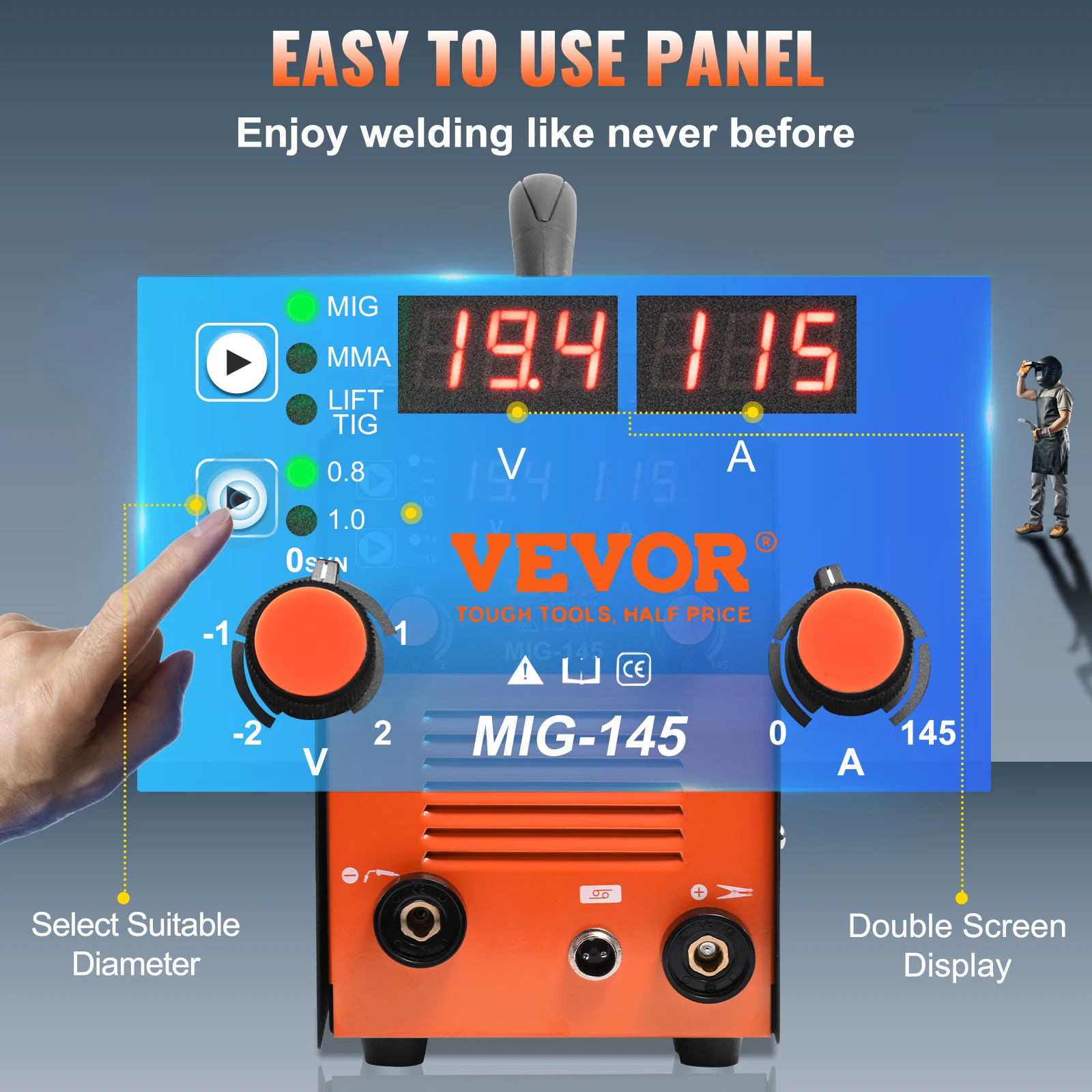 VEVOR 145Amp MIG Welder,110V Flux Core Welder MIG/Lift TIG/Stick 3 in 1 Welding Machine with IGBT Inverter & MIG Torch 3