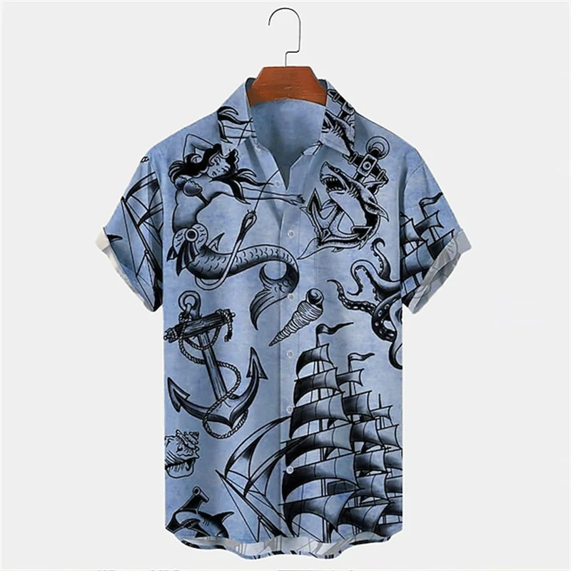 Men's Vintage Mermaid Print Shirts Boat Anchor Print Button Shirts Summer Ocean Element Shirts Men's Hawaiian Leisure Shirts 4