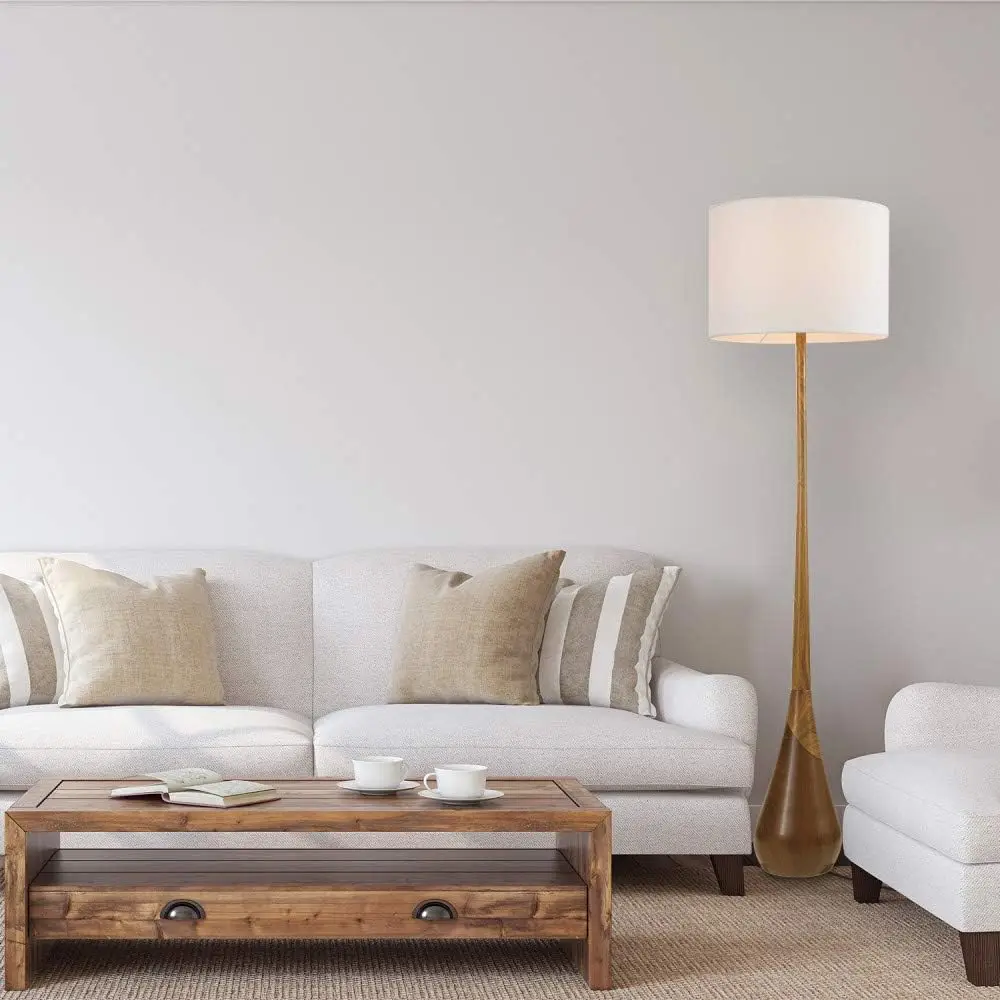 Globe Electric Novogratz X 67225 65" Floor Lamp, 2-Tone Wood Toned Base, White Fabric Shade, Socket Rotary Switch, Living Room 5