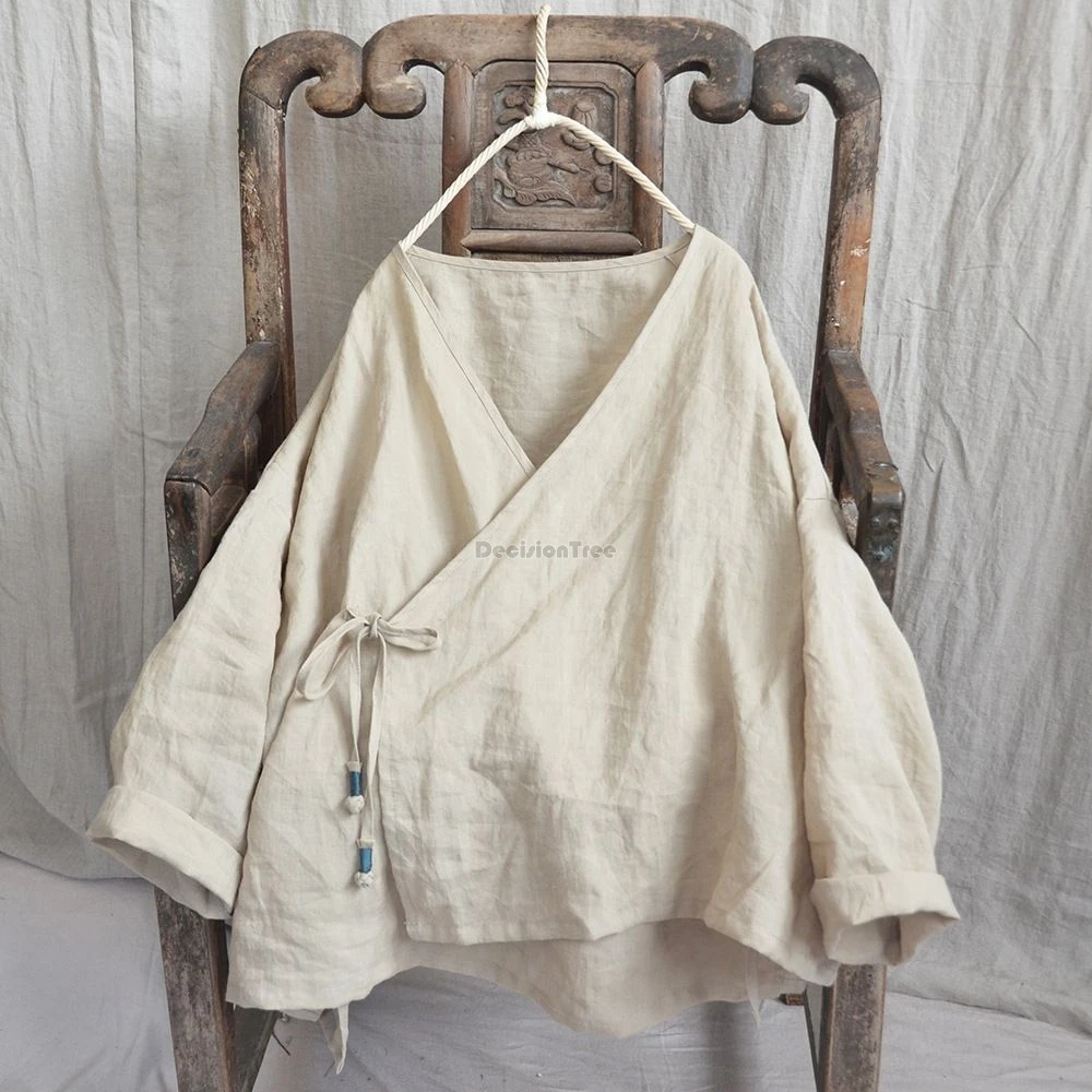 chinese national style v-neck vintage oblique lace-up cotton linen blouse top new women's loose irregular hem design shirt
