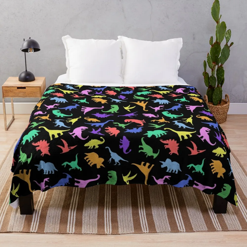 

Fun Dinosaur Pattern (Black Background) Throw Blanket Thin Blanket