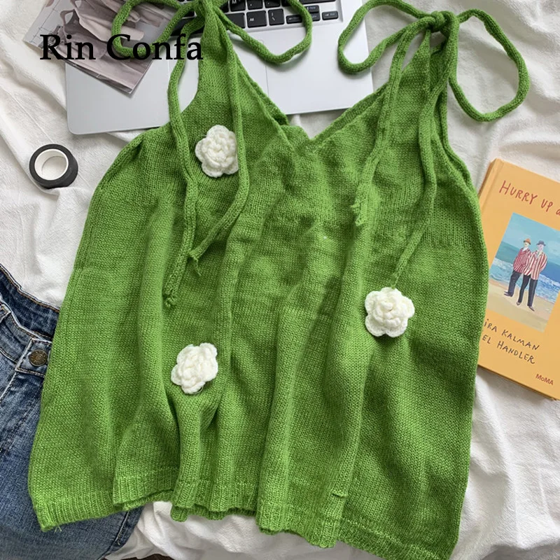 

Rin Confa Summer 2023 New Top Sweet French Three-Dimensional Flower Design Sense Camisole Female Slimming Age-Reducing Green To