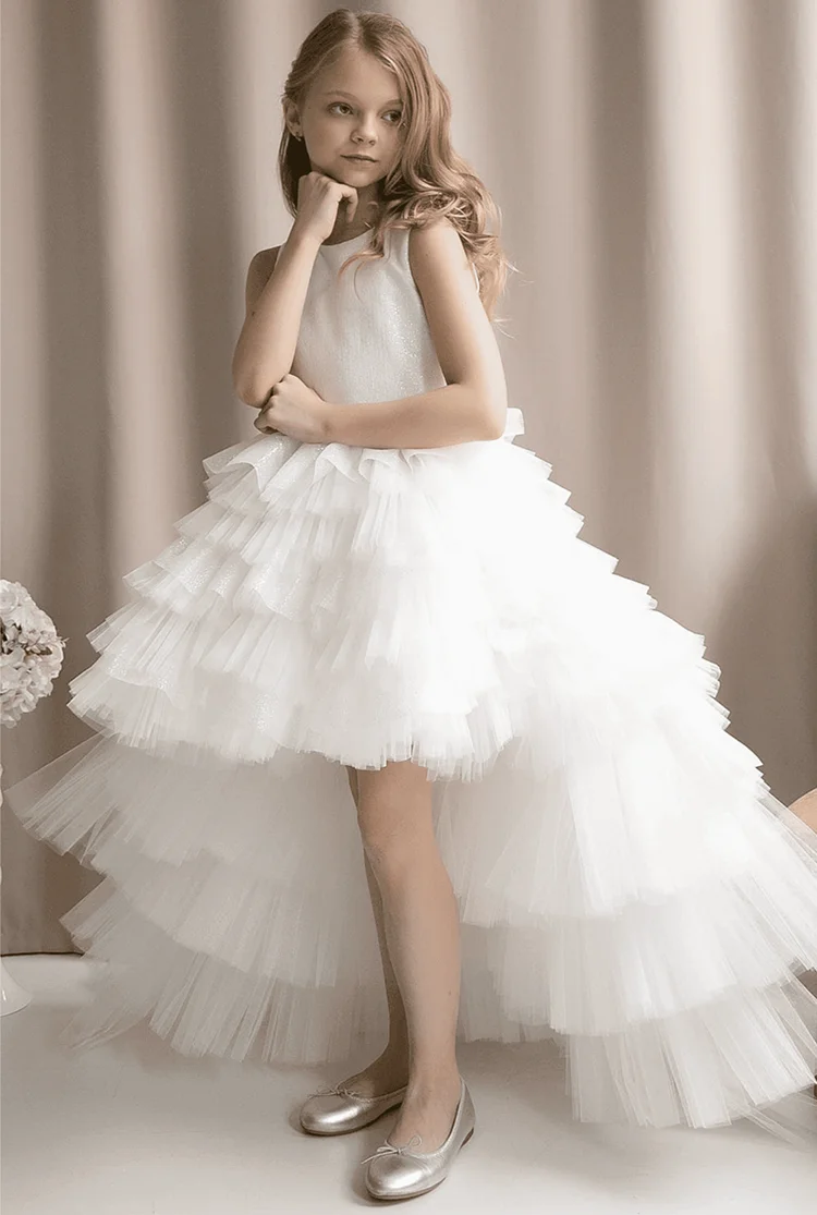 

White Flower Girl Dress For Wedding Tulle Puffy Sleeveless Tiered With Bow Kids Birthday Ball Gowns First Communion Dresses