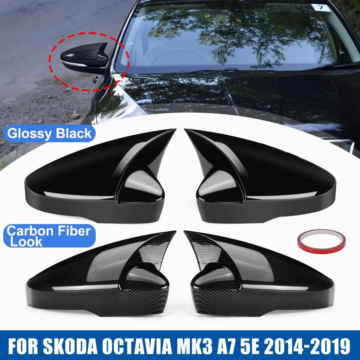 

Add-On Rearview Side Mirror Covers Cap For Skoda For Octavia Mk3 A7 5E 2014-2019 Accessories Carbon Fiber Glossy Black