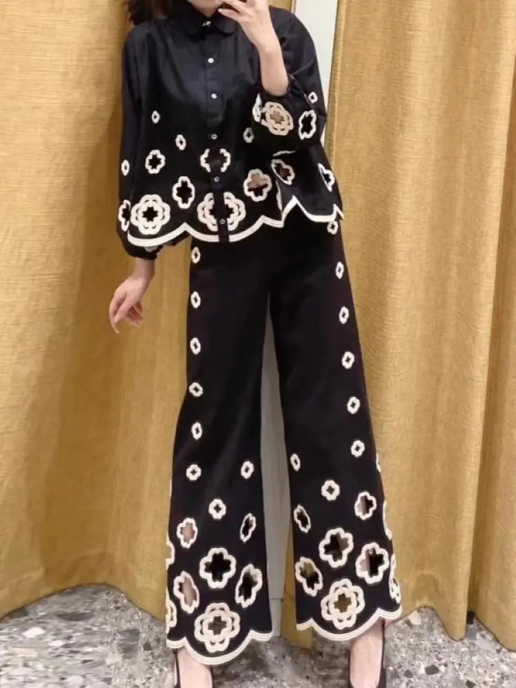 

Women Embroidery Hollow Out Set Turn-down Collar Puff Sleeve Single Breasted Shirt or High Waist Long Pants Vintage Suit