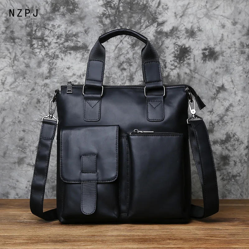 NZPJ Retro Genuine Leather Men's Handbag Top Layer Cowhide Vertical Briefcase Casual Business One Shoulder Messenger Laptop Bag