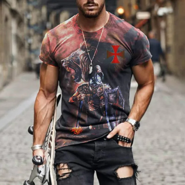 Summer Men's Fashion Street Versatile Top 3D Knights Templar Print T-Shirt Casual Round Neck Fitness Shirt S1091
