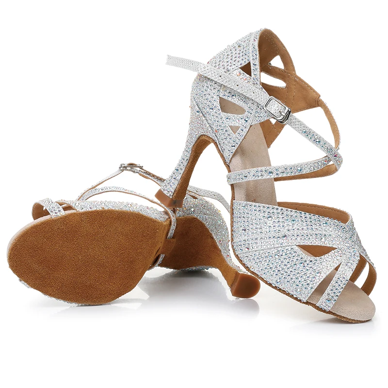 Syflyno Rhinestone Latin Dance Shoes Woman Salsa Shoes For Dancing High Heels Soft Sole Indoor Sandals Wedding Dance Shoes