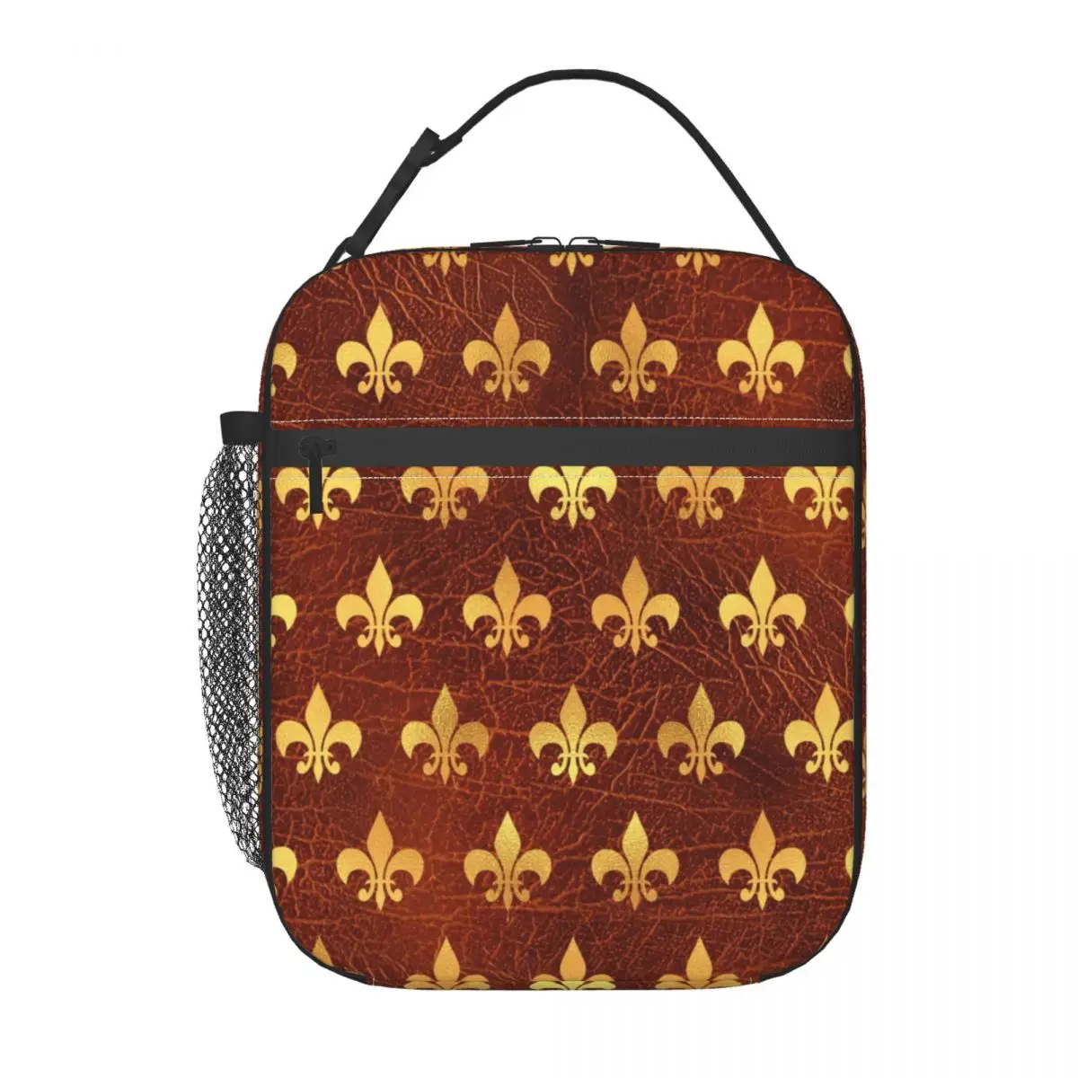 Custom Royal Gold Brown Leather Fleur De Lis Lily Flower Lunch Bag Women Thermal Cooler Insulated Lunch Box for Kids School