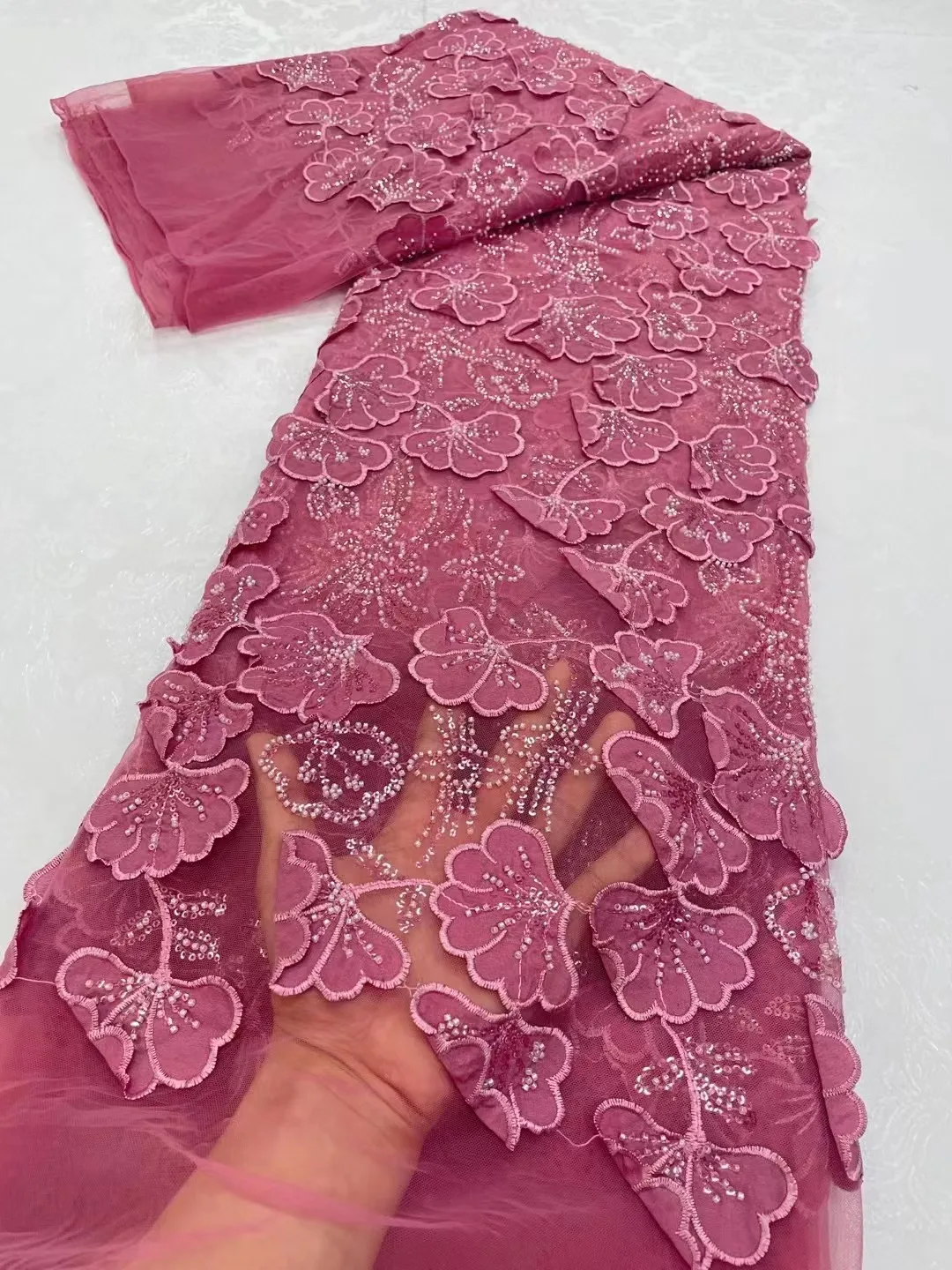 

African Lace Fabric 2024 High Quality French 3D Flower Embroidery Beads Tulle Lace Fabric 5 Yards For Party Dress YY450