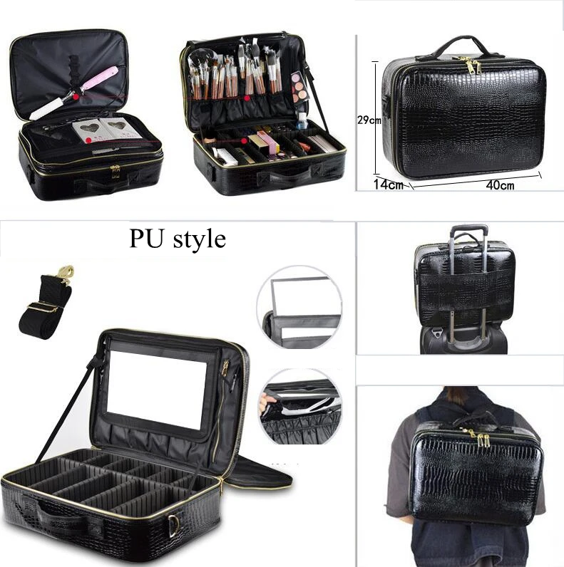 

PU Leather Professional Cosmetic Bag tMakeup Case 16 Inch Travel Makeup Bag Organizer with Shoulder Strap Make Bag with Divider