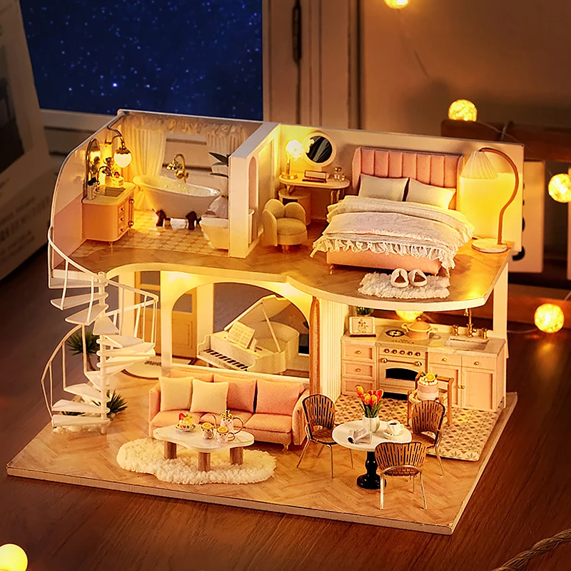 3D dřevěný mini panenka dr. house spojování budova s nábytek souprava DIY ruční duplexní spojení apartmá výroba hraček děti narozeniny dárky