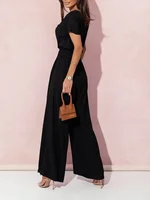 Women's S-2XL size Spring Summer Women's Fashion V-neck Short Sleeve Jumpsuit Ladies  Casual Belt Solid Color Jumpsuit - Image 3